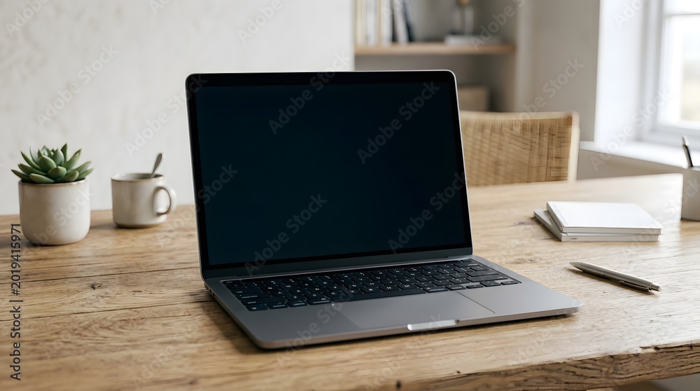 Fototapeta premium Laptop on a wooden desk with succulent and coffee cup.
