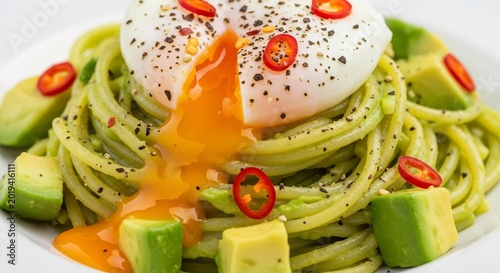 Delicious Spaghetti with Avocado Poached Egg and Chili.