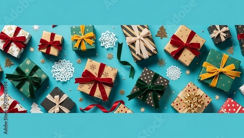 Festive Gift Boxes Assortment with Ribbons and Snowflakes on Blue Background.