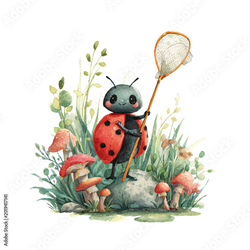Professional Image of Cute Ladybug Standing in Grass with Small Net and Mushrooms