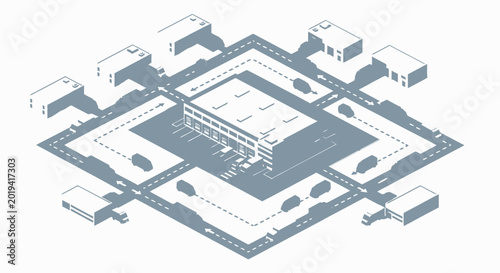Isometric logistics hub with trucks and warehouse in industrial zone