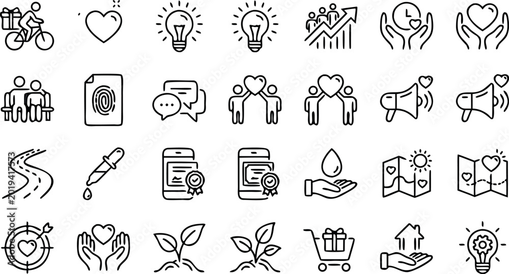 Fototapeta premium Large collection of linear icons representing social care community support environment business growth and humanitarian aid concepts for design.