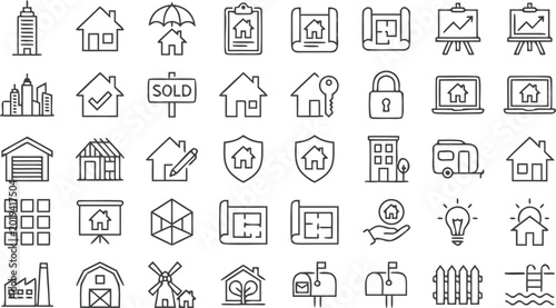 Large set of real estate icons featuring property sales home insurance architecture planning and residential construction symbols for business design.