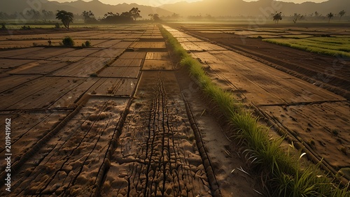 Photorealistic Indonesian Farmland During Severe Dry Season with Warm Golden Sunlight