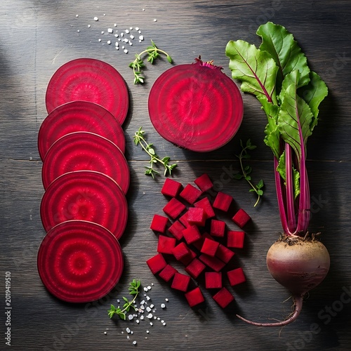 Deep red root vegetable displayed in various cuts atop a dark wooden surface