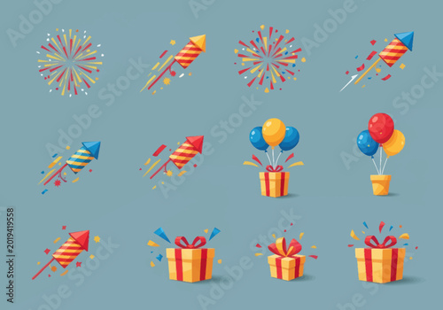 Colorful fireworks and gift boxes celebration.