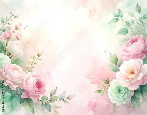 A watercolor illustration of soft pink and mint green roses and foliage framing a light, romantic background with artistic brushstrokes.