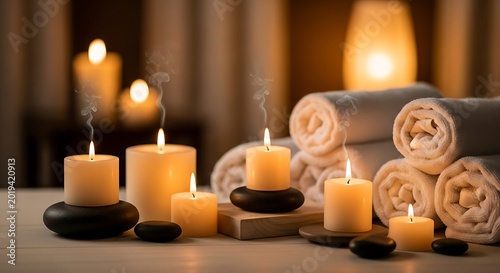 Several glowing pillar candles and rolled white towels create a serene spa ambiance