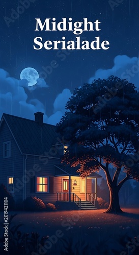 Illumination glows warmly from windows of a rural dwelling under a midnight, rainy sky