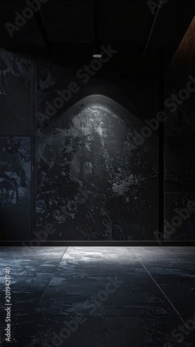 A dramatic, dark interior space featuring heavily textured black walls and floor, illuminated by a single spotlight.