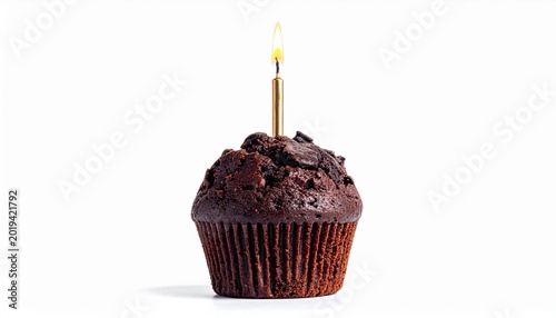Chocolate birthday muffin with candle, isolated on pure white background, macro realistic