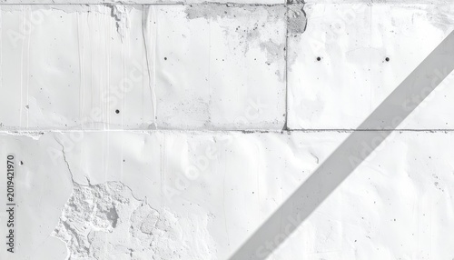 White concrete wall with peeling texture and a diagonal shadow creating a minimalist industrial background.