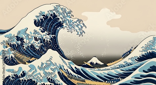 Famous Japanese print of huge ocean wave with boats