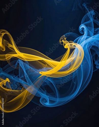 Dynamic swirls of translucent yellow and blue smoke-like forms flow against a dark, contrasting background, creating an abstract and energetic composition.