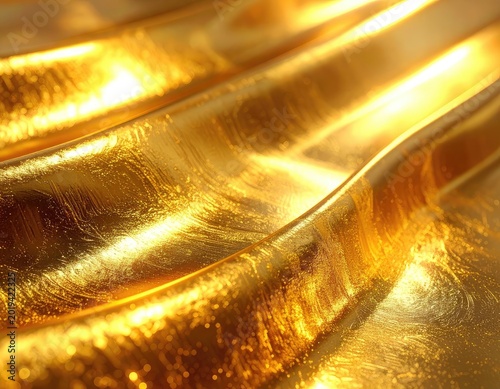 A shimmering close-up of draped golden fabric revealing rich textures and sparkling reflections.