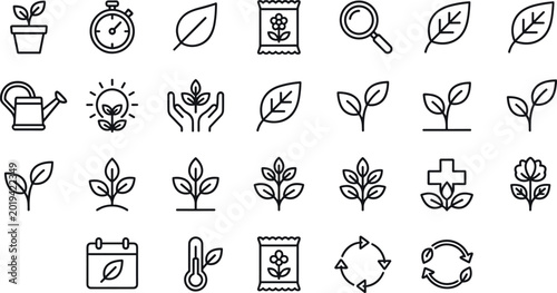Tableau sur toile Eco gardening and plant growth outline icon set featuring leaves sustainability