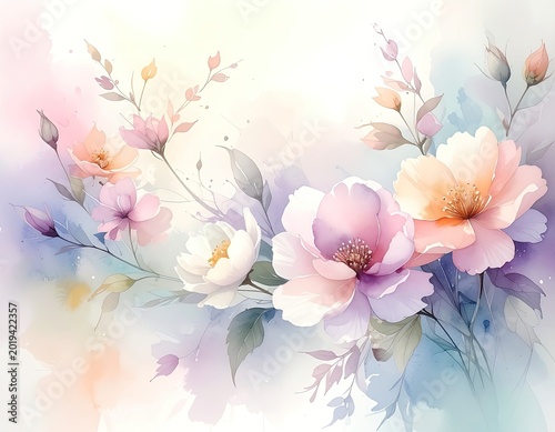 A vibrant watercolor painting showcases a serene arrangement of soft pastel flowers and delicate foliage, embodying tranquility and natural beauty.