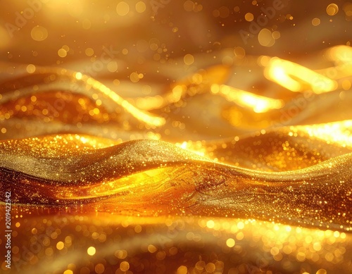 A shimmering abstract background of golden glitter and luminous bokeh lights.