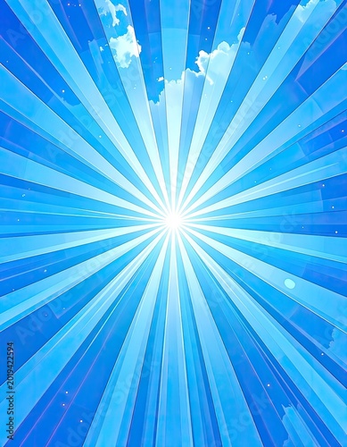 A vibrant sunburst with radiating blue and white light rays against a partially cloudy sky, creating an uplifting and ethereal abstract background.