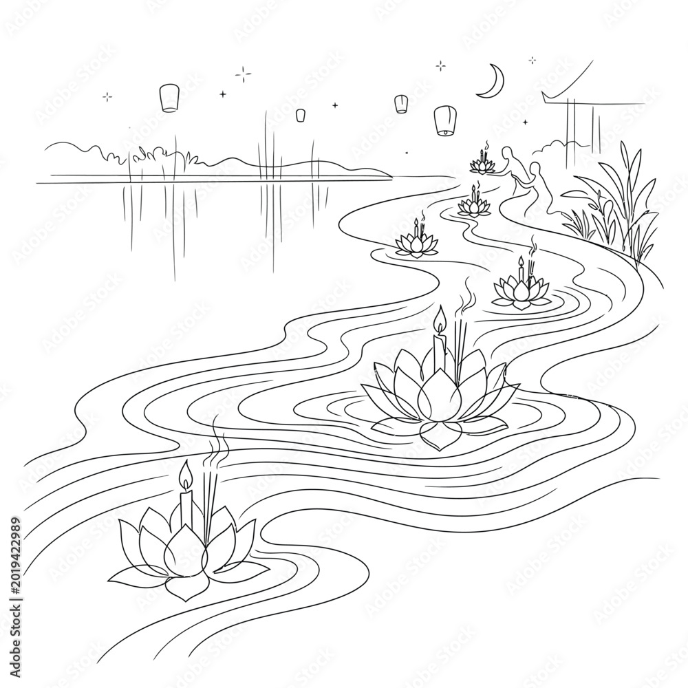 Fototapeta premium Loy krathong festival illustration with glowing lotus floats on a calm river water.