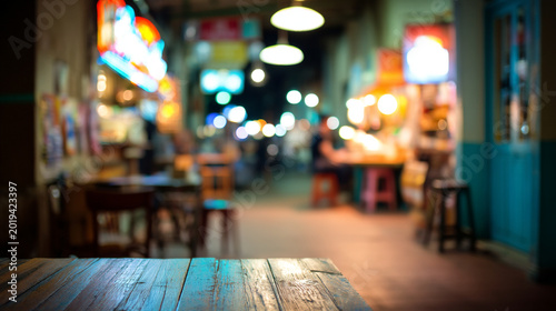 Empty restaurant tables at night with bokeh lights and colorful signs, no people