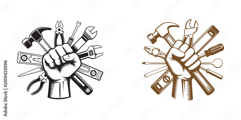 Fototapeta premium Labor tools fist emblem black and brown variations for strength and industry. tools in black and brown colors symbol of labor industry and skilled craft.