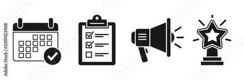 Set of icons representing event planning, tasks, announcements, and achievements including a calendar, checklist, megaphone, and trophy