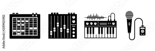 Collection of musical instruments and audio equipment icons synthesizer, mixer, keyboard, and microphone with sound wave