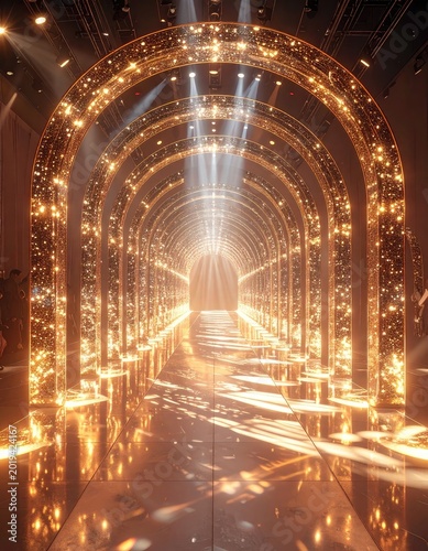 A dazzling golden arched tunnel illuminated by bright spotlights, creating a luxurious and sparkling pathway.
