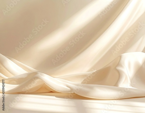 A luxurious beige silk fabric gracefully drapes and flows, illuminated by soft sunlight, creating elegant shadows and a serene backdrop.
