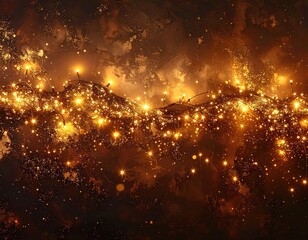 A festive string of golden fairy lights illuminates a dark, textured background adorned with shimmering glitter.