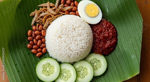 Nasi Lemak Aromatic Rice Dish with Sambal and Anchovies.