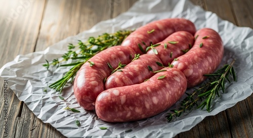 Raw Italian Sausages with Fresh Herbs on Rustic Wooden Table.