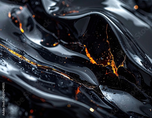 A captivating abstract image showcasing shimmering gold and vibrant orange particles suspended within undulating waves of dark, glossy fluid.
