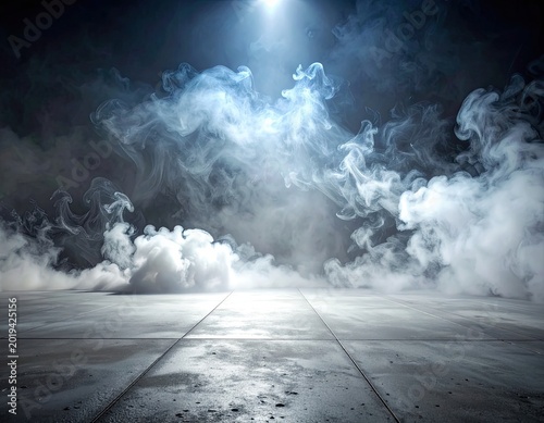 A dramatic scene featuring thick white and blue smoke illuminated by a bright overhead light on a dark, wet concrete floor.