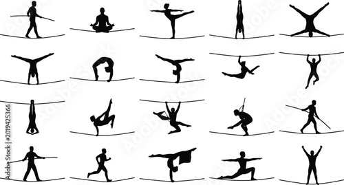 Tableau sur toile Silhouette vector illustration set of tightrope walkers and slackliners performi