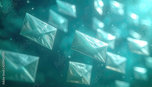 Digital mail envelopes float in an abstract glowing teal space, representing communication and data flow.