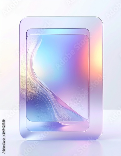 Frosted glass layers with transparent gradients, soft pastel lighting in pink, blue, and lavender, blurred overlapping panels, glossy surface reflections, modern glassmorphism UI design.