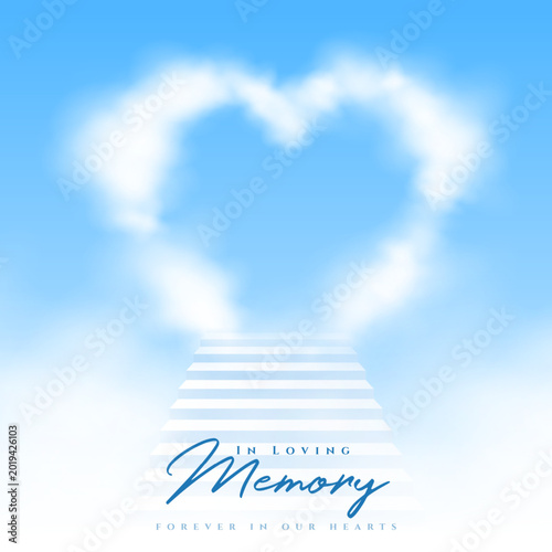in loving memory funeral card stairway leading to heart shaped cloud design