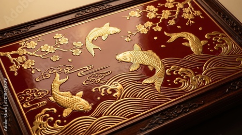 Golden Koi Holiday Art, Prosperity Fish Background, Lucky Koi Celebration, Koi Fish Art Embellished with Gold Details