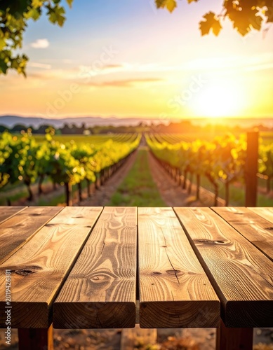 Empty rustic wooden table overlooking a sunlit vineyard at golden hour.