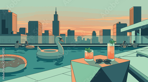Relaxing rooftop pool scene with swan float city skyline at sunset summer vibes and refreshing drinks on a geometric