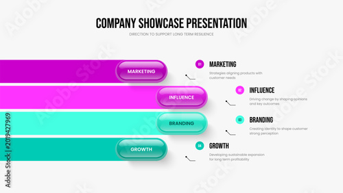 Investor Performance Four Element Diagram Frame Design. Advertising Forecast Slide Layout Vector Illustration. Financial Plan 4 Step Infographic Slideshow Template.