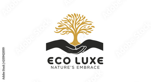 Eco Luxe logo featuring hands cradling a golden tree symbolizing natures embrace and environmental care.