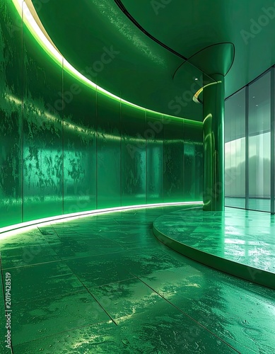 A vibrant, futuristic interior space bathed in green light with reflective surfaces and modern design.