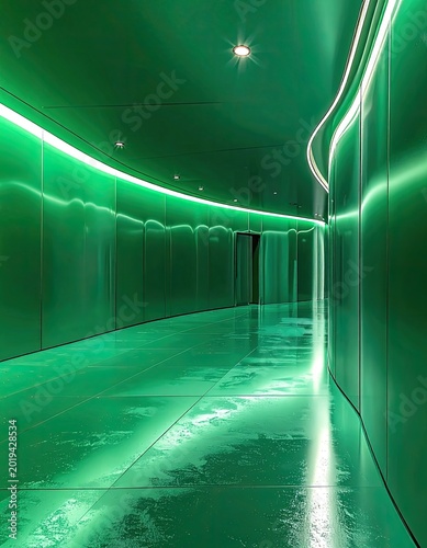 A vibrant green, futuristic hallway with curved walls and a highly reflective floor illuminated by modern linear lighting.