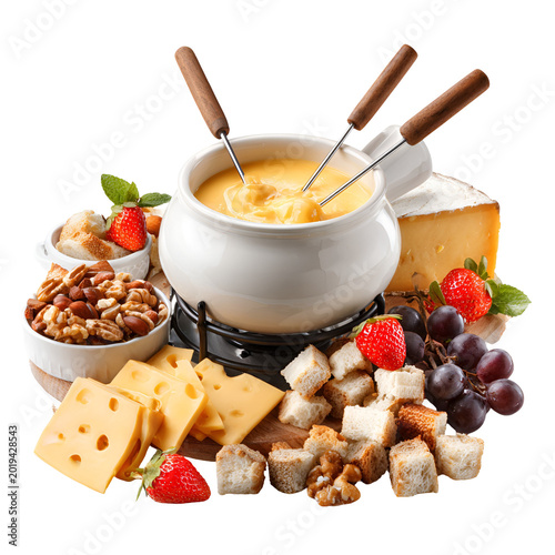 Fondue pot with melted cheese surrounded by bread fruit nuts and berries on white table