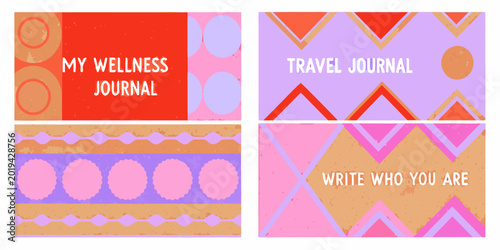 Photos Four colorful journal cover designs with text and abstract geometric shapes high