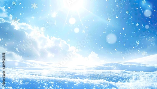 A bright winter day scene featuring a clear blue sky, falling snow, and a pristine snow-covered landscape under a radiant sun.