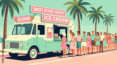 Retro ice cream truck with long line of people on sunny day with palm trees